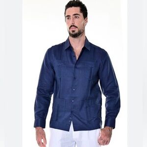 Navy Blue 100% Linen 4 Pocket Guayabera Long Sleeve Button-Up Shirt Size XL
